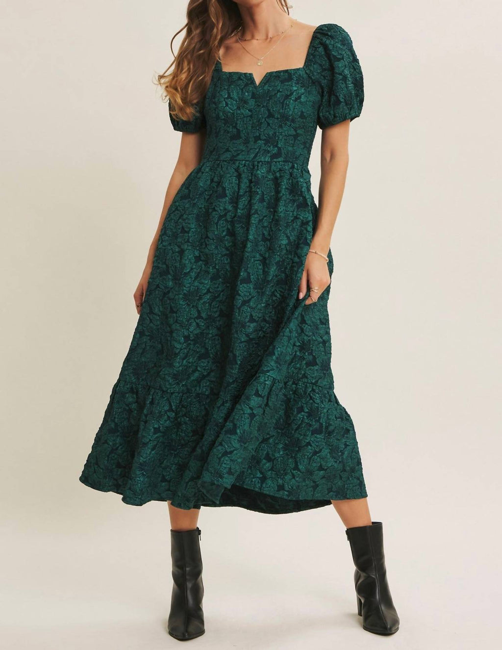 In February - Timeless Elegance Floral Jackerd Puff Sleeve Midi Dress