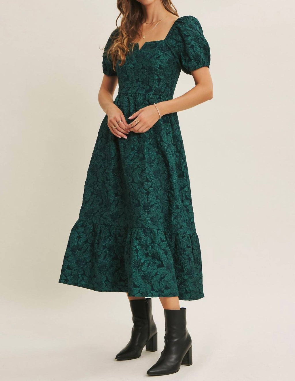 In February - Timeless Elegance Floral Jackerd Puff Sleeve Midi Dress