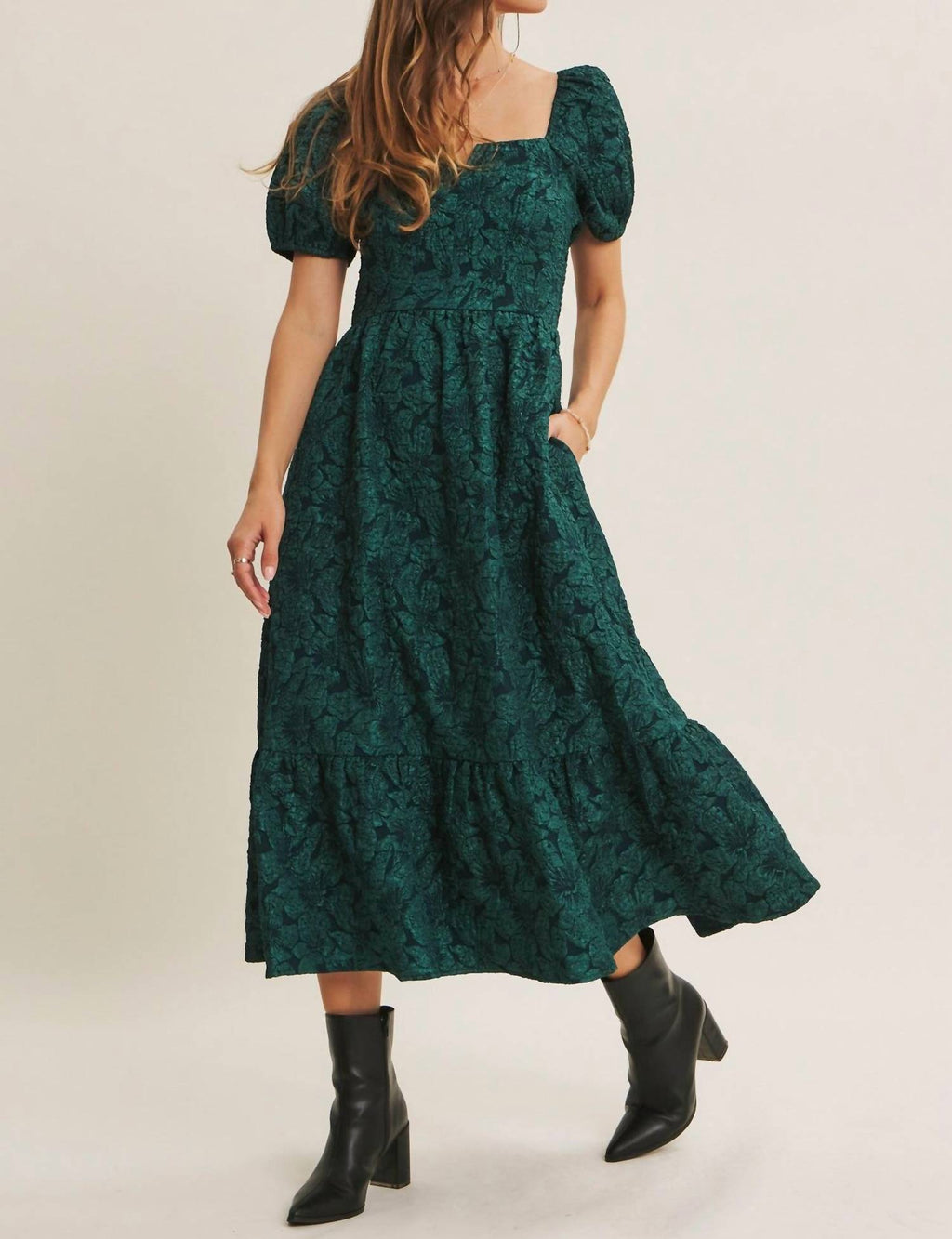 In February - Timeless Elegance Floral Jackerd Puff Sleeve Midi Dress