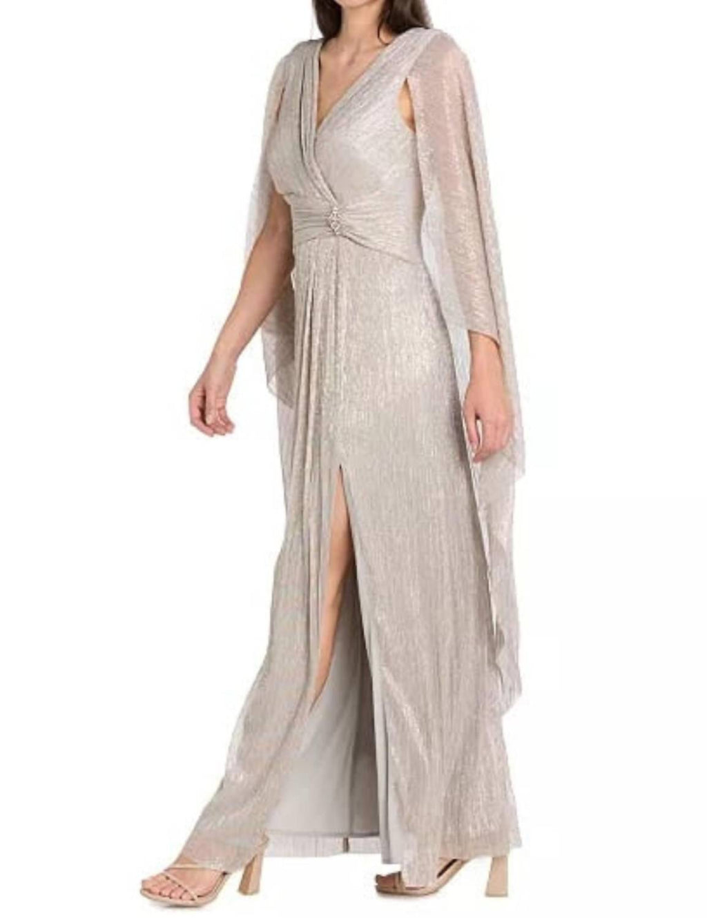 R&M Richards - Metallic Chiffon Long Dress With Sheer Cape