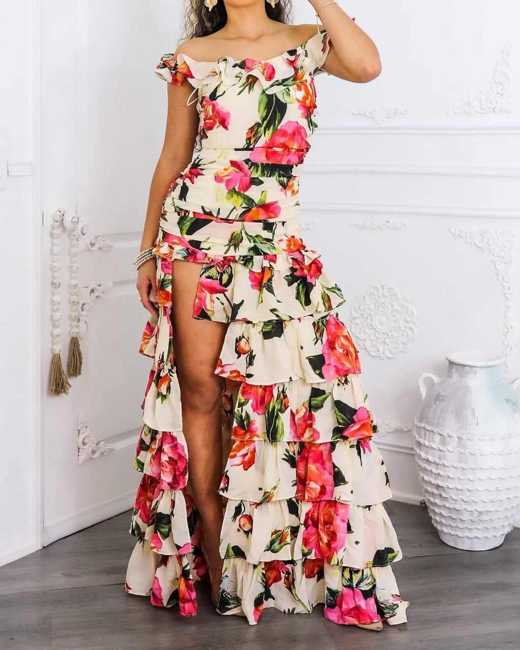 Surelymine - Ruffle it Up Floral High Slit Maxi Dress